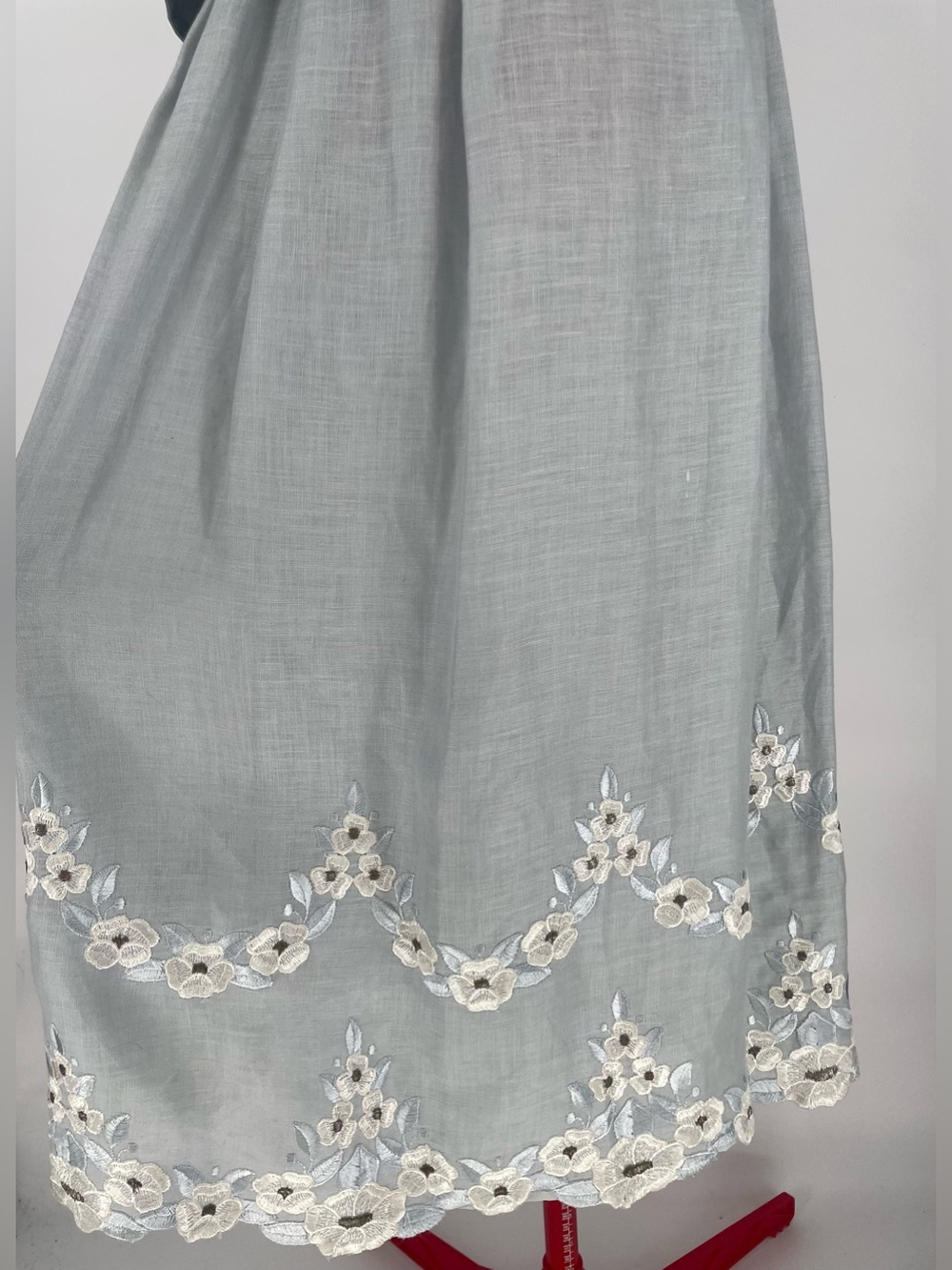 100% Linen 80s Slate Gray Blue 2 Piece Skirt Set Cottagecore Floral Embroidery - Picture 4 of 14